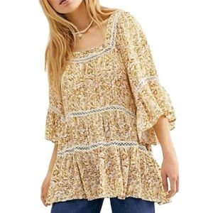 Free People Talk About It Tunic Top Square Neck Peasant Boho Floral Yellow SP